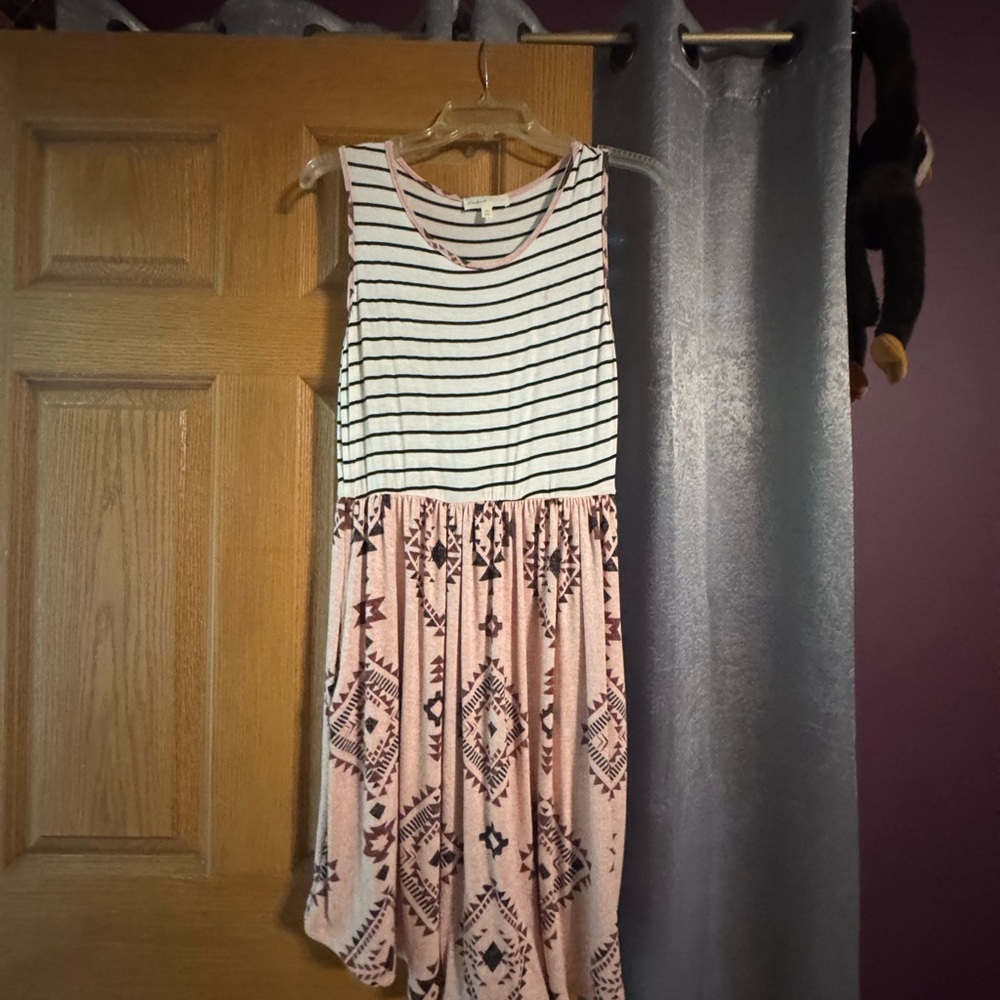 Sleeveless Pink Striped & Aztec Print Casual Dress